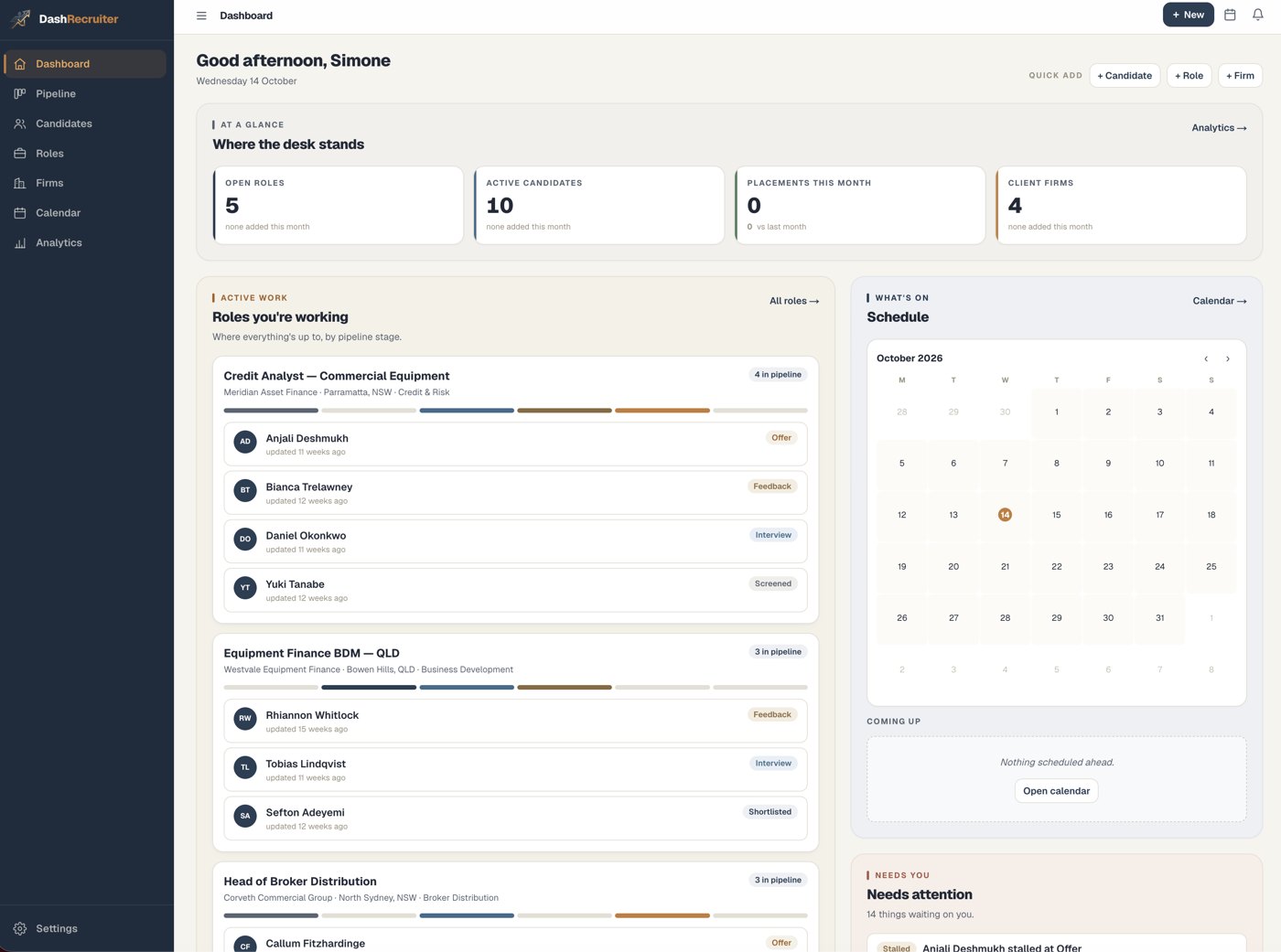 DashRecruiter dashboard — open roles, active candidates, pipeline and schedule